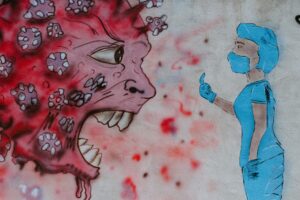 Illustration: Virus Monster, das von Schwester hergewunken wird