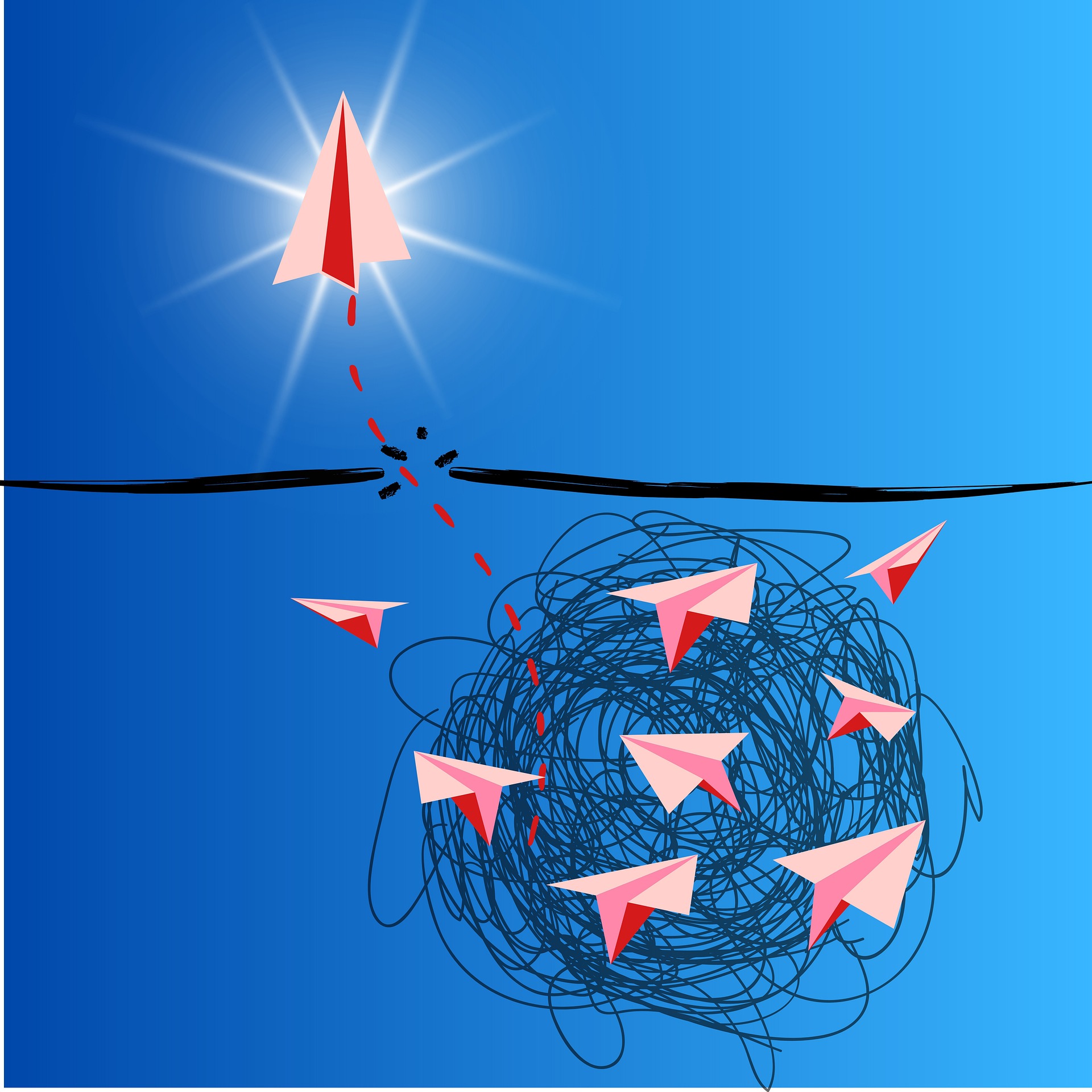 Ein roter Papierflieger, der mit Gesundheit aus einem Nest von Papierflieger fliegt.