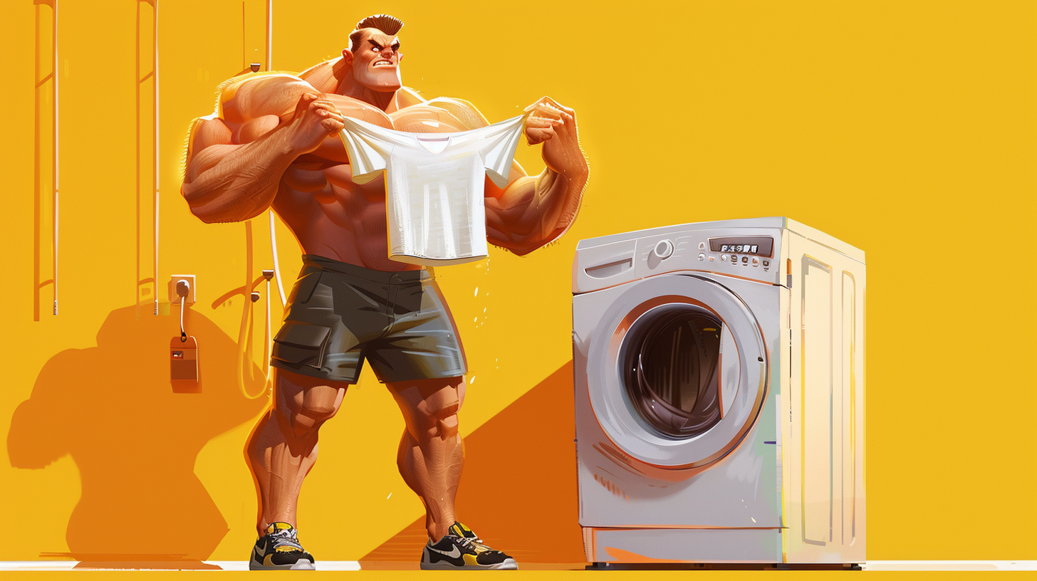 Ein muskulöser Cartoon-Mann in Shorts zieht vor einem leuchtend gelben Hintergrund neben einer Waschmaschine ein Hemd auseinander.