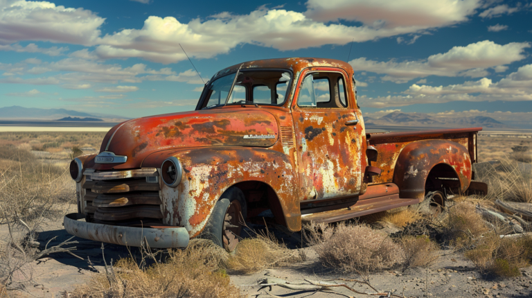 Ein alter, verrosteter Lastwagen, verlassen in einer Wüste mit klarem blauen Himmel und Bergen in der Ferne, wartet auf seinen Gesundheits-TÜV.