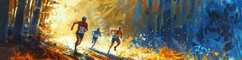 Zwei Läufer rennen auf einer Strecke mit Feuer- und Eisthema um die Wette, mit einem Kontrast aus warmen orangefarbenen Flammen auf der einen Seite und kühlem blauem Eis auf der anderen.