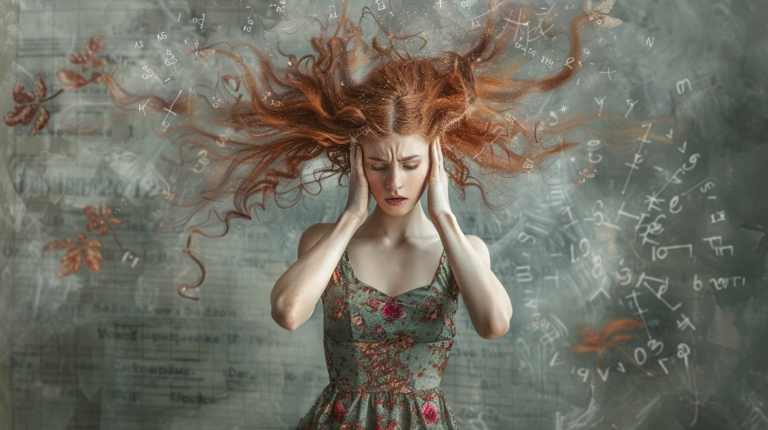 Eine Frau mit wallendem roten Haar und geschlossenen Augen steht mit an die Schläfen gepressten Händen da, umgeben von negativen Gedanken und mathematischen Symbolen, die um ihren Kopf schweben.