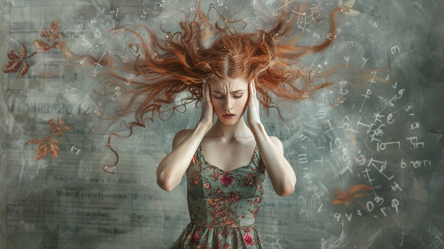 Eine Frau mit wallendem roten Haar und geschlossenen Augen steht mit an die Schläfen gepressten Händen da, umgeben von negativen Gedanken und mathematischen Symbolen, die um ihren Kopf schweben.